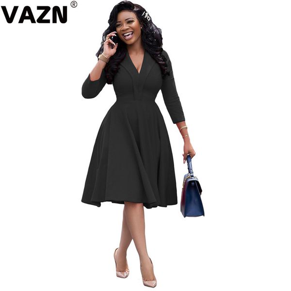 

vazn autumn overalls daily upmarket elegant fashion solid deep v-neck full sleeve women ball gown midi dress, Black;pink