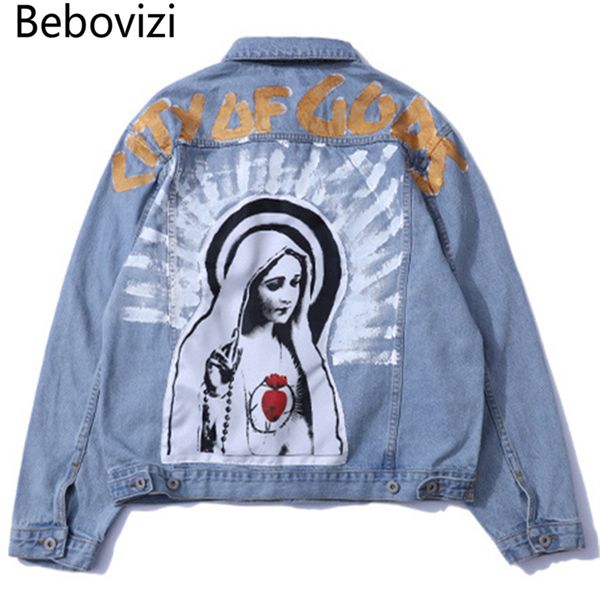 

bebovizi brand vintage virgin mary painting print jeans jackets hip hop streetwear loose washed denim jacket coat men women, Black;brown