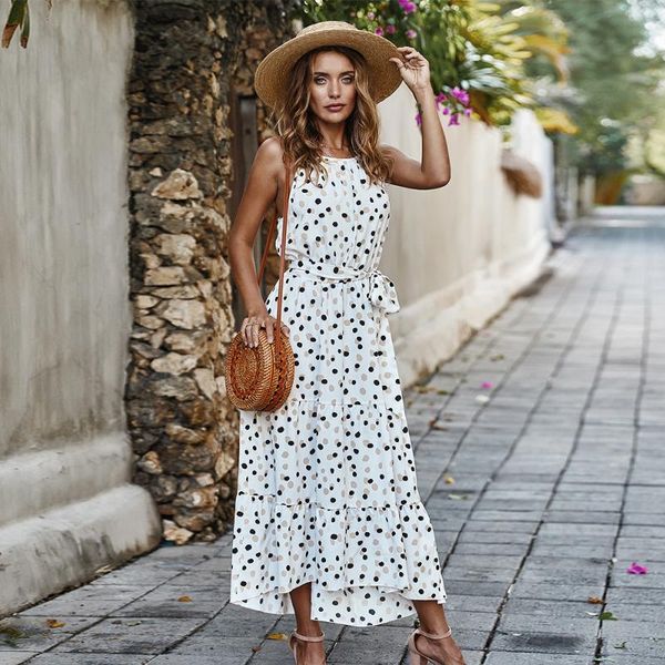 

casual dresses summer bohemia dot print dress women sleeveless elegant beach party tunic maxi pleated sundress vestidos with belt, Black;gray
