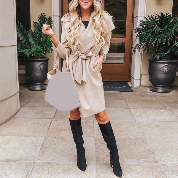 

women apricot wild long-sleeved trench coat office ladies long woolen coat spring autumn minimalist female windbreaker d30, Tan;black