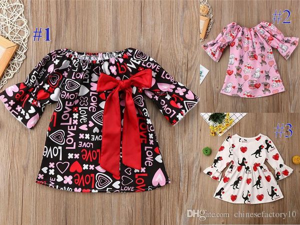 

baby girls dress boutique valentine's day love flare sleeves bow princess dinosaur dog printed dresses infant, Red;yellow