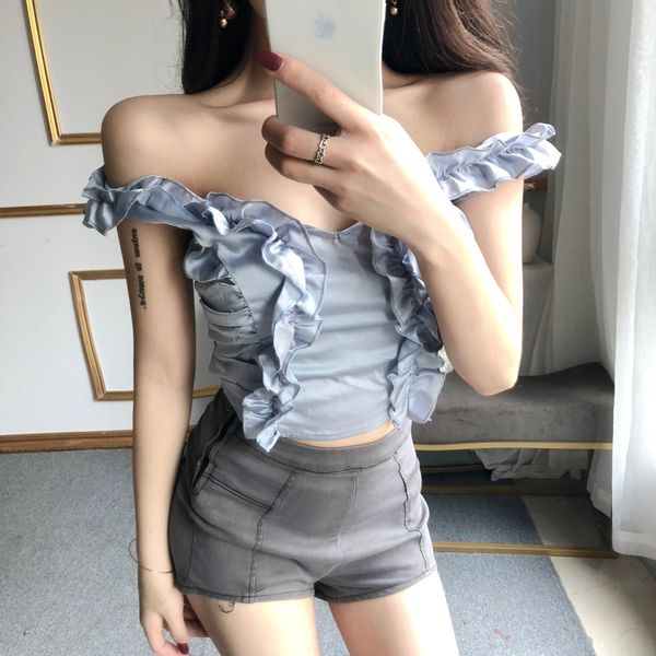 

fashion brand crop spaghetti strap ruffles tanks ruffles summer camis women's clothing moda feminina off shoulder, White