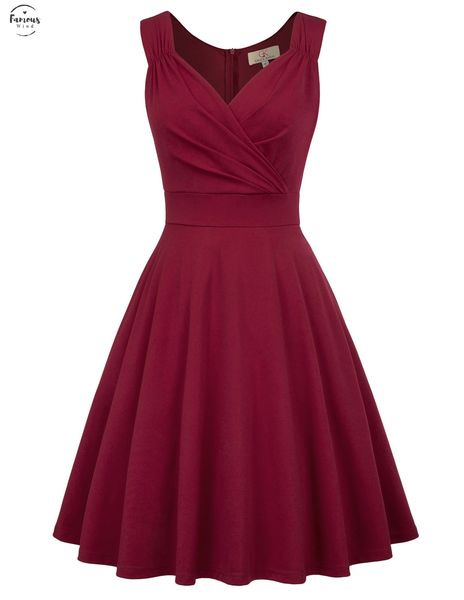 

women sleeveless v neck club knee length dress elegant pleated big swing pinup sleeveless office formal party dresses vestido, Black;gray