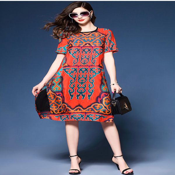 

2018 new summer vintage women elegant geometric dress loose print red chiffon silk mid-calf dresses for woemn, Black;gray
