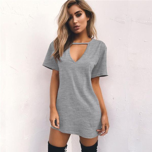 

summer women tshirt mini dress choker v-neck dresses short sleeve casual halter boho beach dress vestidos mini size, Black;gray