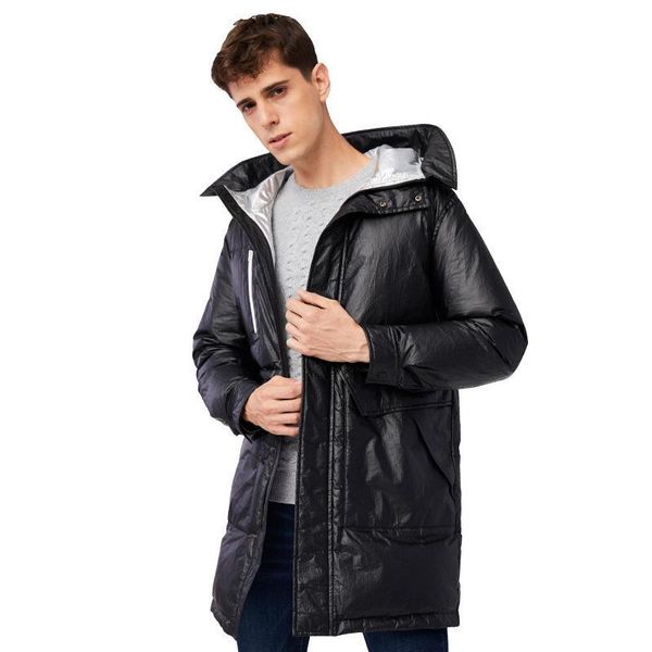 

2019 new mens winter medium-long down jacket windproof hooded outerwear silver inside with fashion big pocket, Black