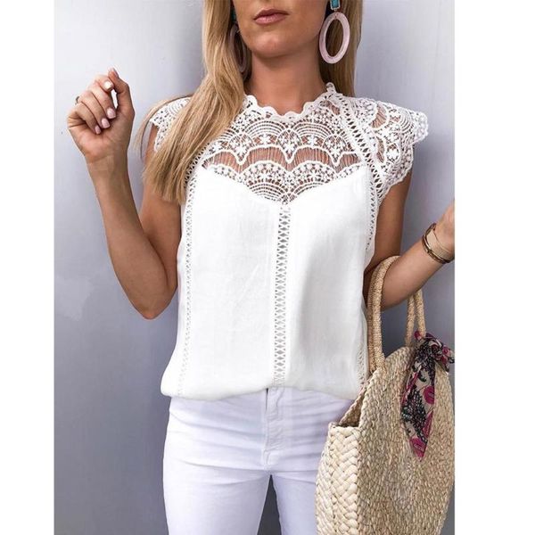 

summer 2020 womens blouses lace patchwork sleeveless solid shirt women blouse blusas roupa feminina shirt, White