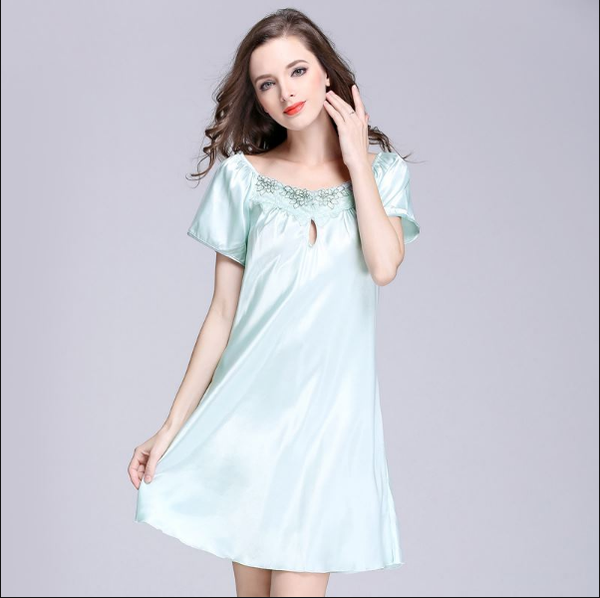 

summer women fashion soft manmade silk fabric lace patchwork sleepshirt female candy color short sleeve ruffled nightdress, Black;red
