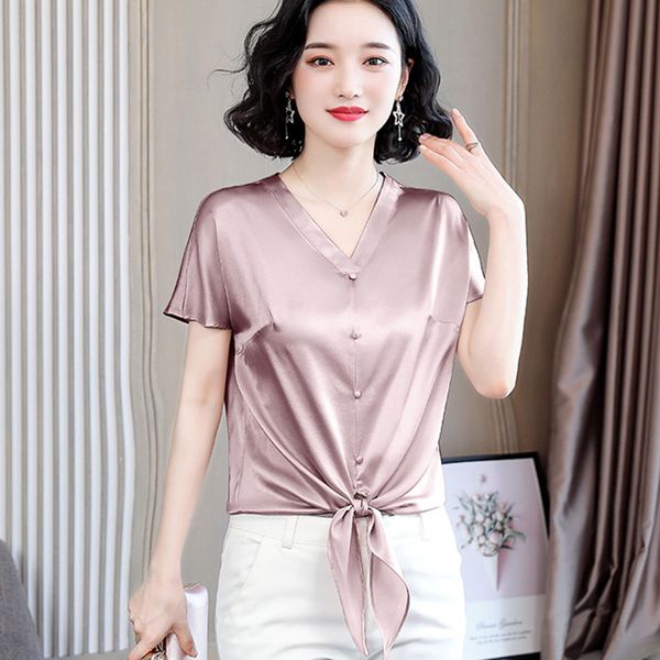

korean silk women blouses woman v-neck satin silk shirt women solid bow blouse plus size blusas femininas elegante 3xl, White