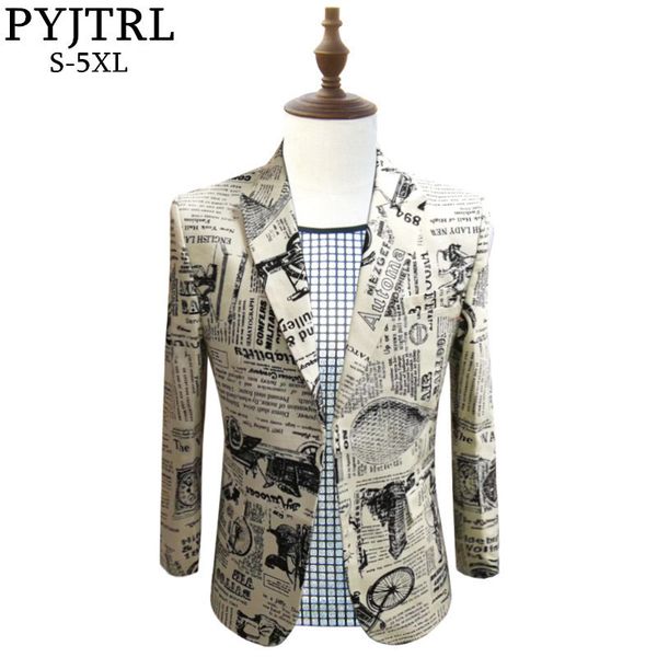 

pyjtrl retro vintage newspaper print casual blazer hombre men dj singer night club slim fit suit jacket prom party costume, White;black