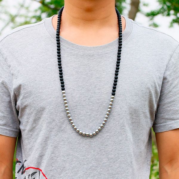 

matte black onyx with hematite stone necklaces & pendants mens natural stone women beaded long necklaces jewelry, Silver