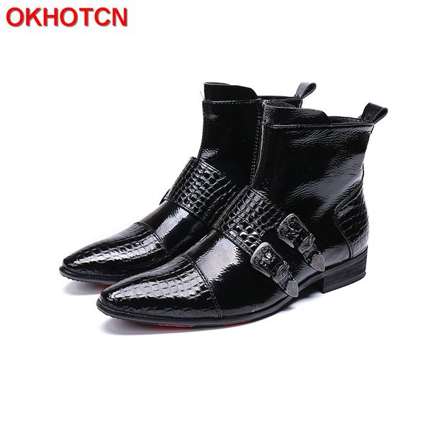 

fashion plaid mens boots shoes genuine leather winter boots men buckle strap safety shoes men handmade pointed toe work, Black