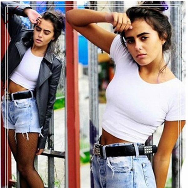 

crop топы топике 2019 summer tops короткие рукава сексуальных женщин основная тройники короткие топы обрезанные рубашка классический белый т, White