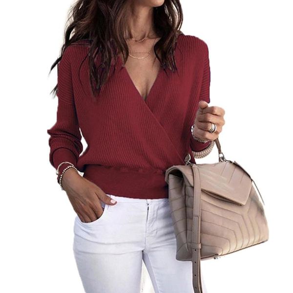 

women solid color v neck cross long sleeve pullover knitted sweater top, White;black