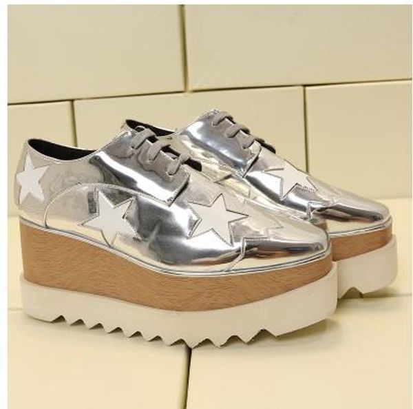 

2019 new stella mccartney women calfskin genuine leather platform casual shoes cut-outs star oxfords stripes wedge elyse lace-up sneaker m4, Black