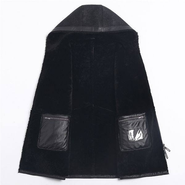 

leather men sheep shearling coats hooded slim wool fur coat winter jacket mens windbreaker jaqueta de couro 264 yy509, Black