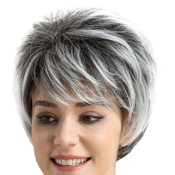 

women 10 inches natural gray synthetic short straight layered wigs with bangs heat resistant with wig net cap, Black