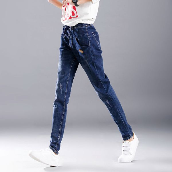 

blue jeans are loose women tall waist fat mm200 bf big yards jin han edition students stretch joker feet haroun pants