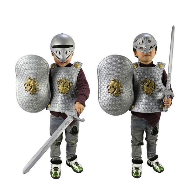 

halloween children kids knight/gladiator dress-up costume armor+shield+sword+helmet warrior cosplay boy play, White