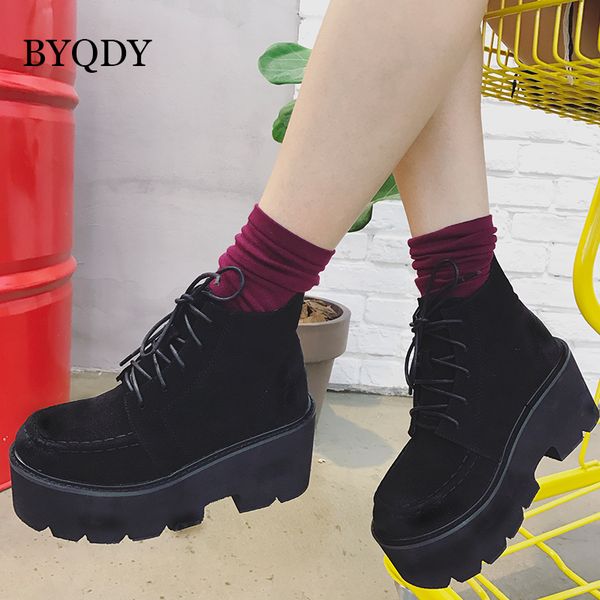 

byqdy fashion flock autumn ankle boots for women motorcycle boots chunky heels casual lacing round toe platform mother booties, Black