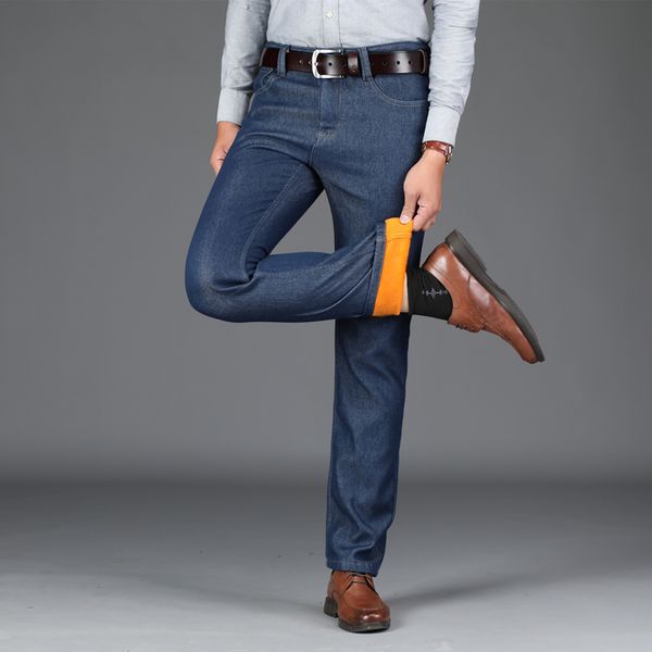 

2019 warm winter jeans denim mens jeans slim fit plus size to 40 mid softener straight fleece smart casual solid draped, Blue