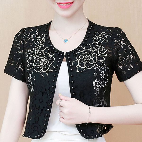 

blouse women 2020 short sleeve summer blouse shirt beading hollow lace 3xl 4xl plus size women blusas d108, White