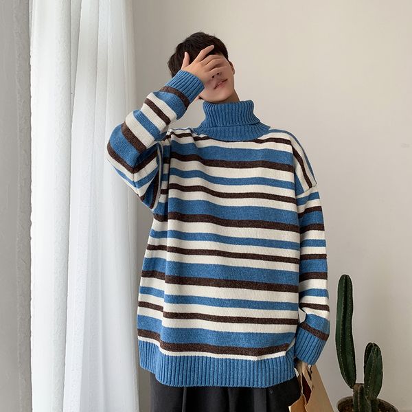 

men's sweaters 2021 clothes strips printing leisure coats woolen knitting loose turtleneck high-quality in warm cashmere sweater -xl, White;black