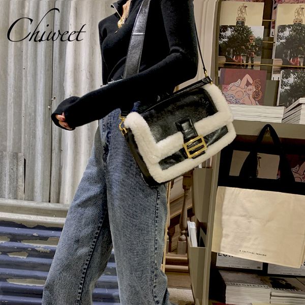 

brand winter furry faux fur patchwork leather handbags tote wide shoulder strap baguette underarm bag luxury women messenger bag