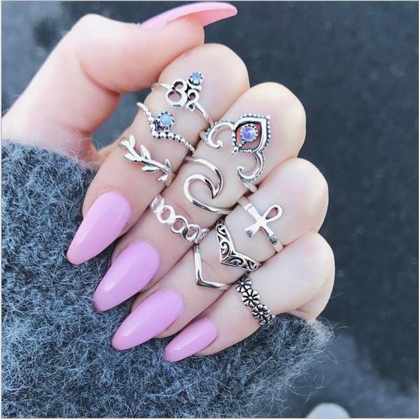 

vintage crystal cutout with v-shaped flowers rings wholesales 10pcs set joint rings rj463, Golden;silver