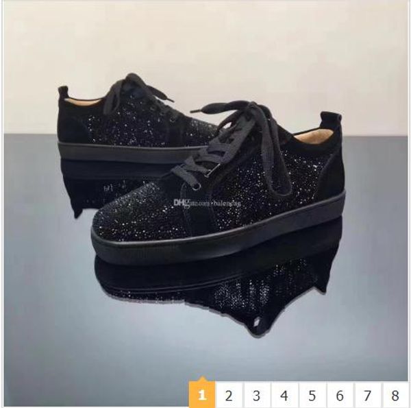 

special offer 2019 suede & black rhinestone strass red bottom shoes men women's flat red sole shoes low sneaker lace-up casual shoes