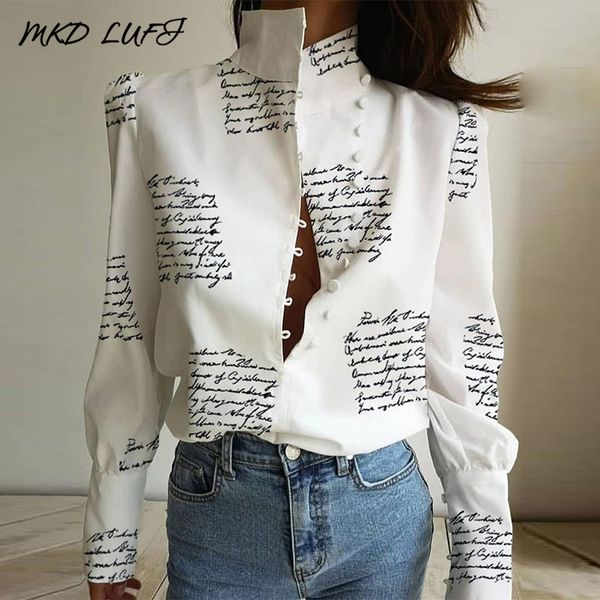 

stand neck letter print buttoned shirt women long sleeve casual blouse blusas mujer de moda, White