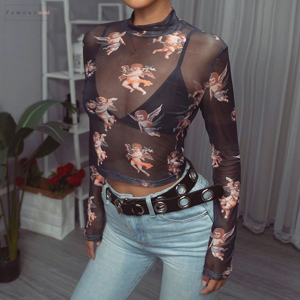

рубашки водолазка black mesh see through angel купидон печатанию crop tops 2019 весна длинным рукавом sexy тонкий t тис, White
