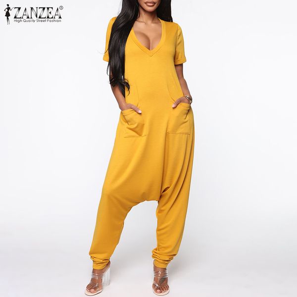 

fashion women's summer overalls zanzea 2020 drop crotch jumpsuits short sleeve playsuits female casual solid pants oversized 5xl, Black;white