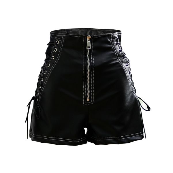 

onlyplus spring women faux pu shorts zipper style high waist fake leather broad-legged short solid slim feminino shorts, White;black