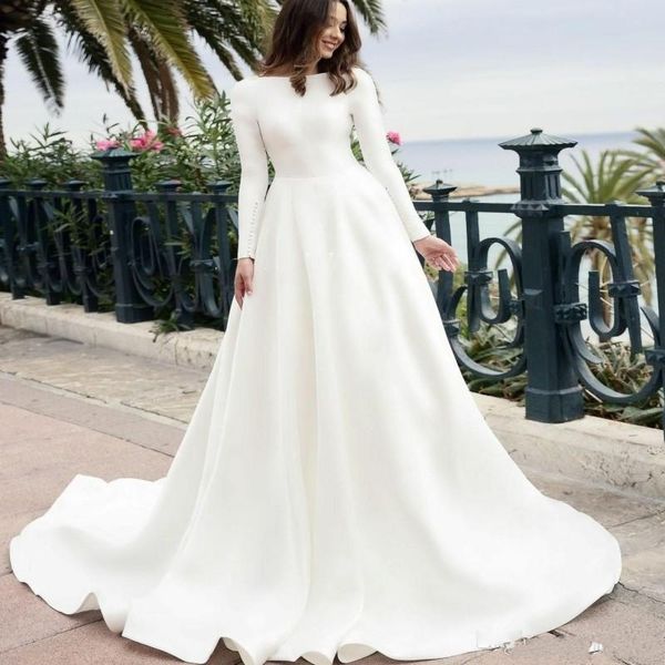 

Satin Vintage Long Sleeves Wedding Dresses Bateau Sweep Train Simple Country Style Wedding Dress vestido de novia Cheap Bridal Gowns