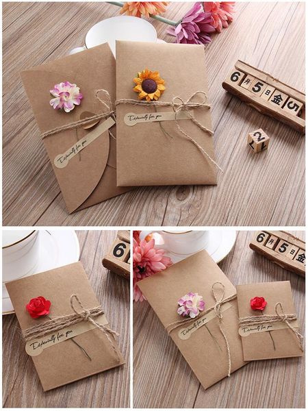 

1pc diy kraft paper handmade dry flower invitation greeting card with envelope christmas wedding birthday favors cards