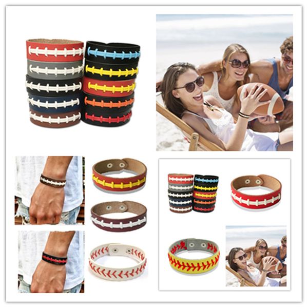 

softball seam wristband leather bracelet women men bangles wrist strap football baseball sports wrist rope hand accessories e3406, Red;brown