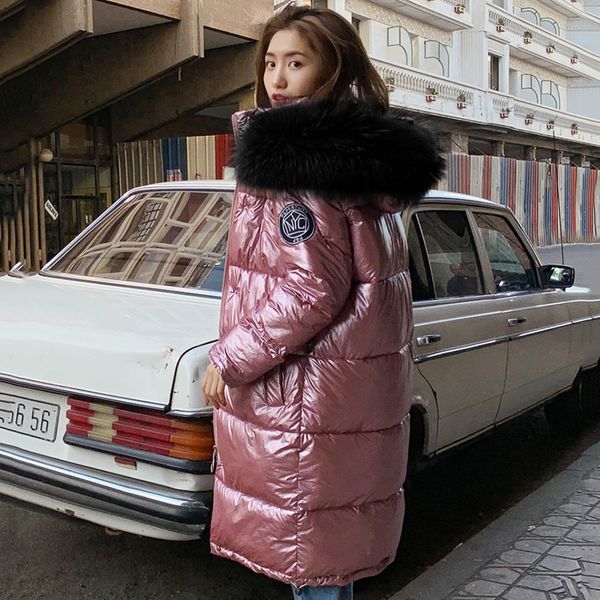 

2019 new winter jacket women warm thicken hooded with fur long coat shining fabric stylish female parka, Tan;black