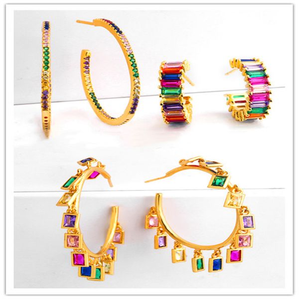 

boho big hoop earring gold color bezel setting rainbow colorful cubic zirconia pine stone women gorgeous fashion jewelry ers-q99, Golden;silver