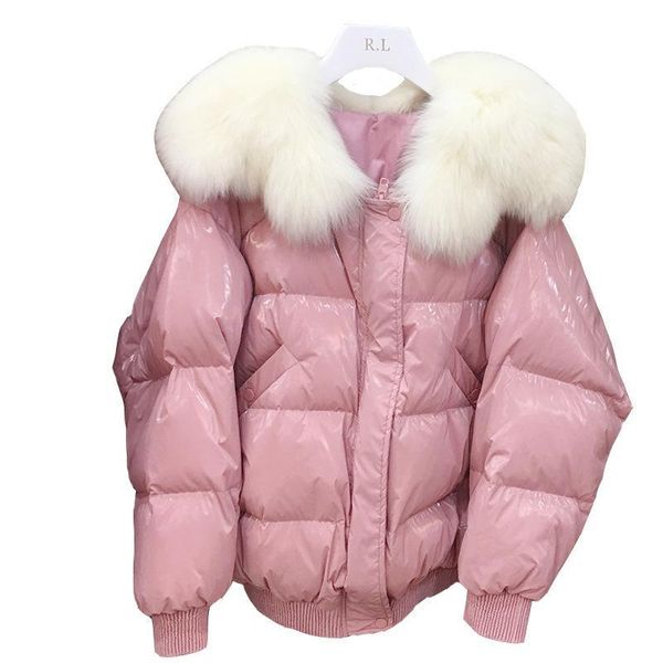 

2019 new womens pure color white duck down fashion big fur fur neck temperament females winter high street down jackets, Black