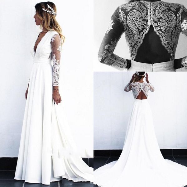 

2019 beach bohemian wedding dresses deep v neck long illusion long sleeves wedding dress bridal gowns vestido de novia robe de mariÃ©e, White