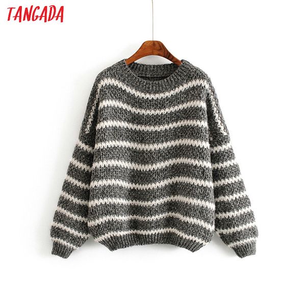 

tangada autumn winter fashion women striped sweater o-neck stretch long sleeve loose black pink soft sweater ladies pull ah66, White;black