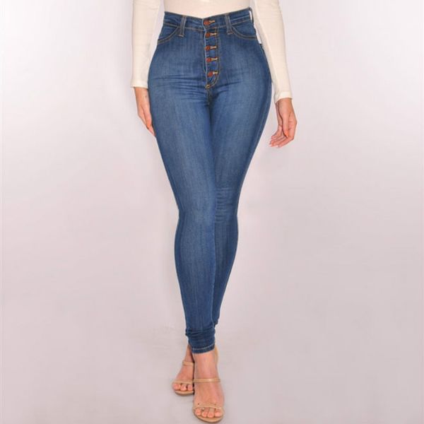 

sindydell england style slim high waist skinny jeans women button plus size vintage pencil pants cotton denim ship, Blue