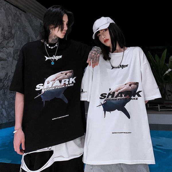 

men's & women's t-shirts casual lovers sharks 3d printed europe and america shirt fashion tide couple loose shirts plus size s-2xl, White;black