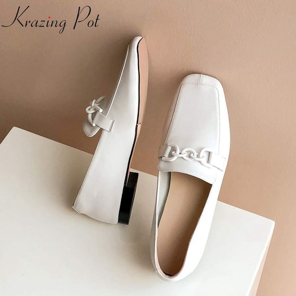 

krazing pot genuine leather fashion metal decoration square toe british school low heels slip on loafers women cozy pumps l50, Black