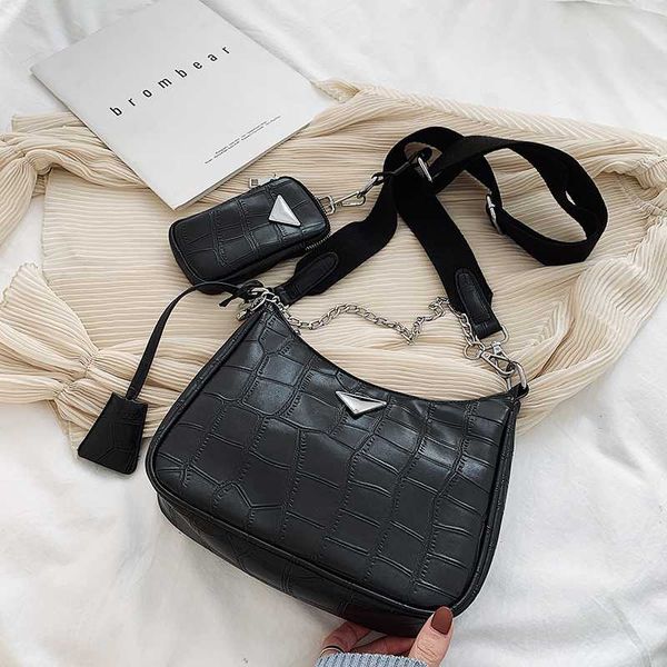 

stone pattern pu leather wide straps messenger shoulder bag crossbody chain black handbag woman hobos fashion 2 pieces set bag