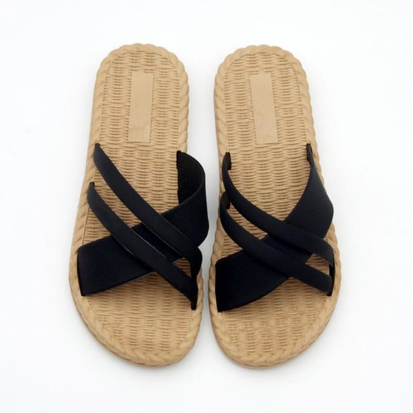 

summer weave women slippers roman flip flops women round toe flat retro breathable beach slippers for zapatos de mujer, Black
