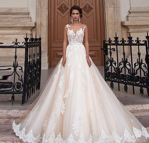 

new see through back wedding dresses arabic milla lace appliques vestios de novia bridal gowns with pearls sash tulle hy210, White
