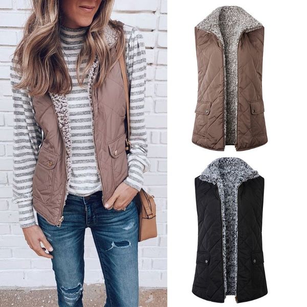 

women's vests women winter two-way fluffy reversible windproof sleeveless outwear vest coat thicken warm pockets zipper up waistcoat ja, Black;white