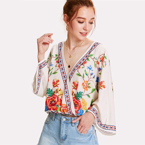 

женщины одежда летняя блузка стихарь декольте florals top лето v шеи длинным рукавом печать блуза женщины лоскутная цветочные бич блуза, White